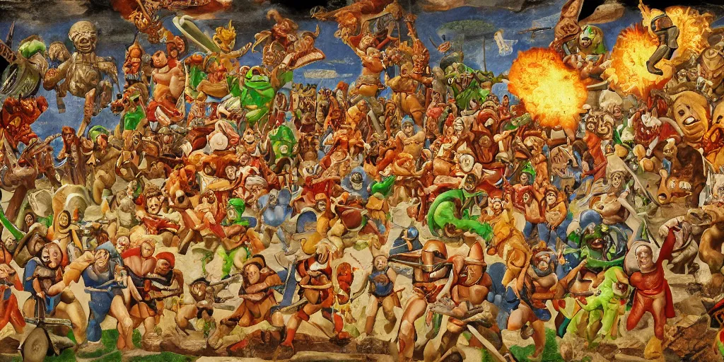 Image similar to Medieval fresco of the Doom Slayer from Doom Eternal fighting and shooting a hord of Teletubbies in hell, 4k, painted in 1530