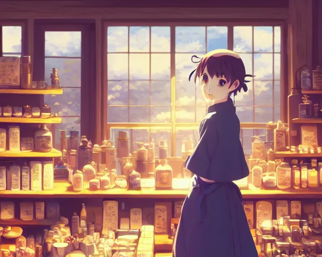 Image similar to anime visual, portrait of a young female traveler in a alchemist's shop interior, cute face by yoh yoshinari, katsura masakazu, studio lighting, dynamic pose, dynamic perspective, strong silhouette, anime cels, ilya kuvshinov, cel shaded, crisp and sharp, rounded eyes, moody