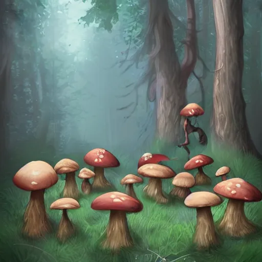 Image similar to forest witch gathering mushrooms, 2d, art direction, artstation, digital painting