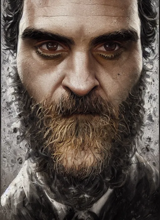 Image similar to a hyper detailed full face portrait of joaquin phoenix as the king of animals, cow, pig, sheep, chicken, horror, by anna podedworna, by miklos ligeti, by diego maricato, on artstation