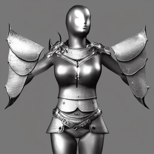 Image similar to seductive female medieval body armor made from silver, highly detailed realistic render, cinema 4d