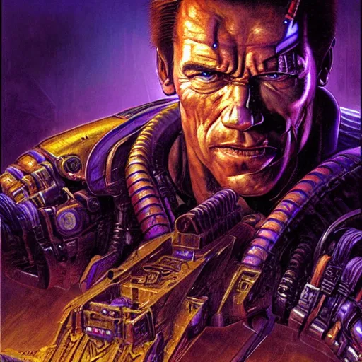 Image similar to schwarzenegger as cyberpunk xenohunter, atmospheric lighting, painted, intricate, golden and purple hour, ultra detailed by peter gric, giger, enki bilal