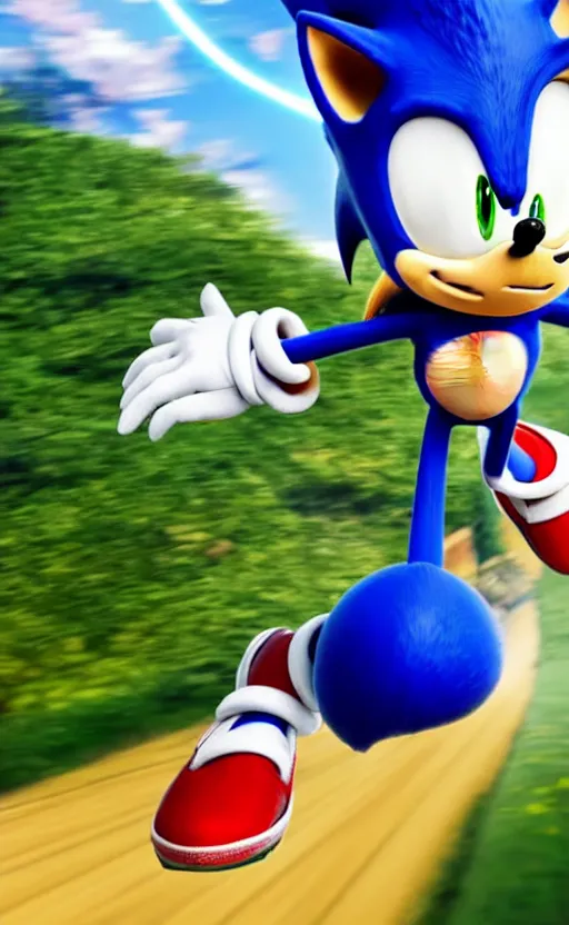 Image similar to super super super epic cinematic shot of sonic the hedgehog, sonic unleashed, apotos day zone, 8k miyazaki anime scene, motion blur, red shoes, green eyes, ++++++ super super super dynamic action running, concept photos, dynamic lighting, dynamic shaders, sunny day, amazing quality