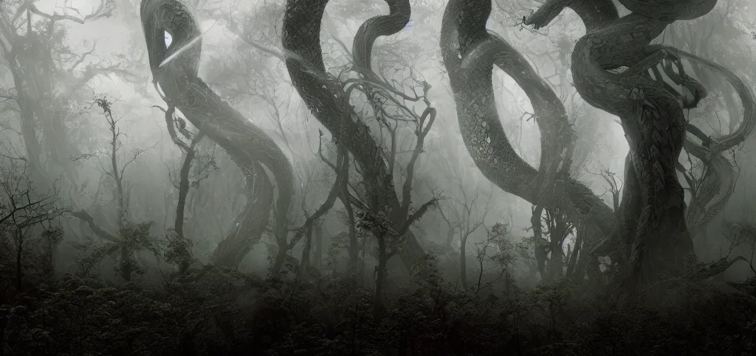 Image similar to a realistic photograph of a 6 armed serpent goddess + dark fantasy + nightime + ancient forest + dramatic lighting + fog