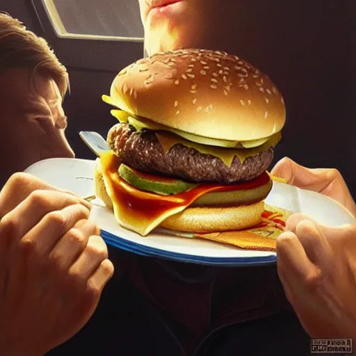 Image similar to Robert Redford eating a mcdonald's big mac hamburger, dripping BBQ Sauce, serving burgers, intricate, elegant, highly detailed, digital painting, artstation, concept art, matte, sharp focus, hyperreal, art by Artgerm and Greg Rutkowski and Alphonse Mucha