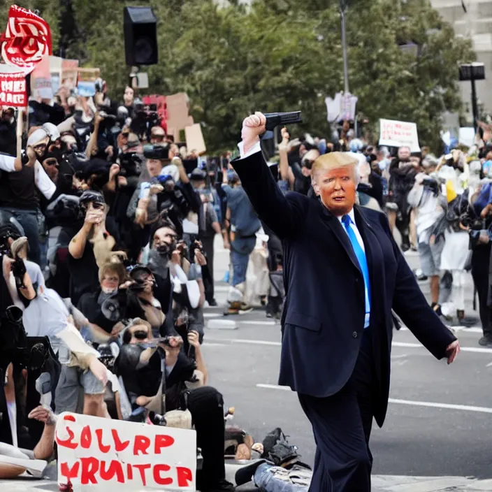 Image similar to a photo of donald trump with a gun in a protest