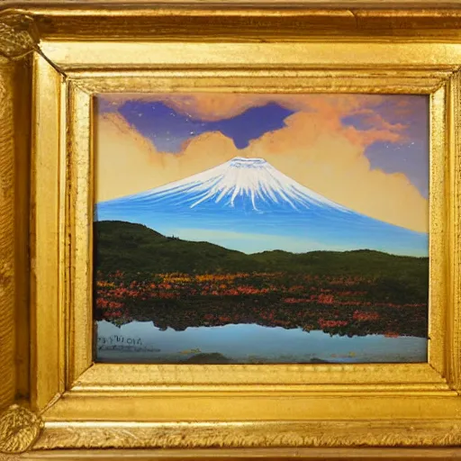 Image similar to An oil painting of spaceship landing on mount Fuji