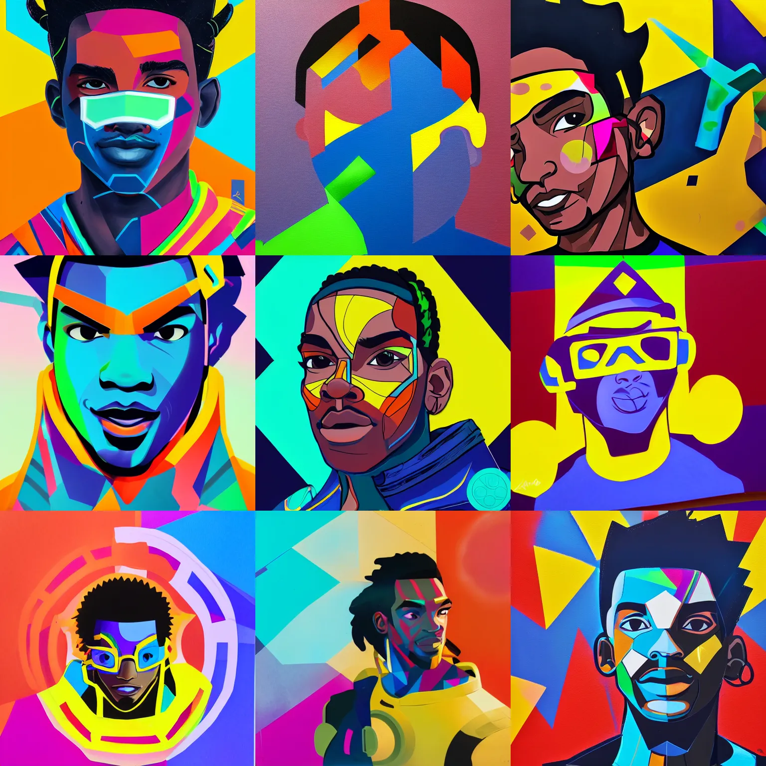 Prompt: A portrait of Lúcio from Overwatch, geometric shapes, vibrant colors, spray paint, rounded corners