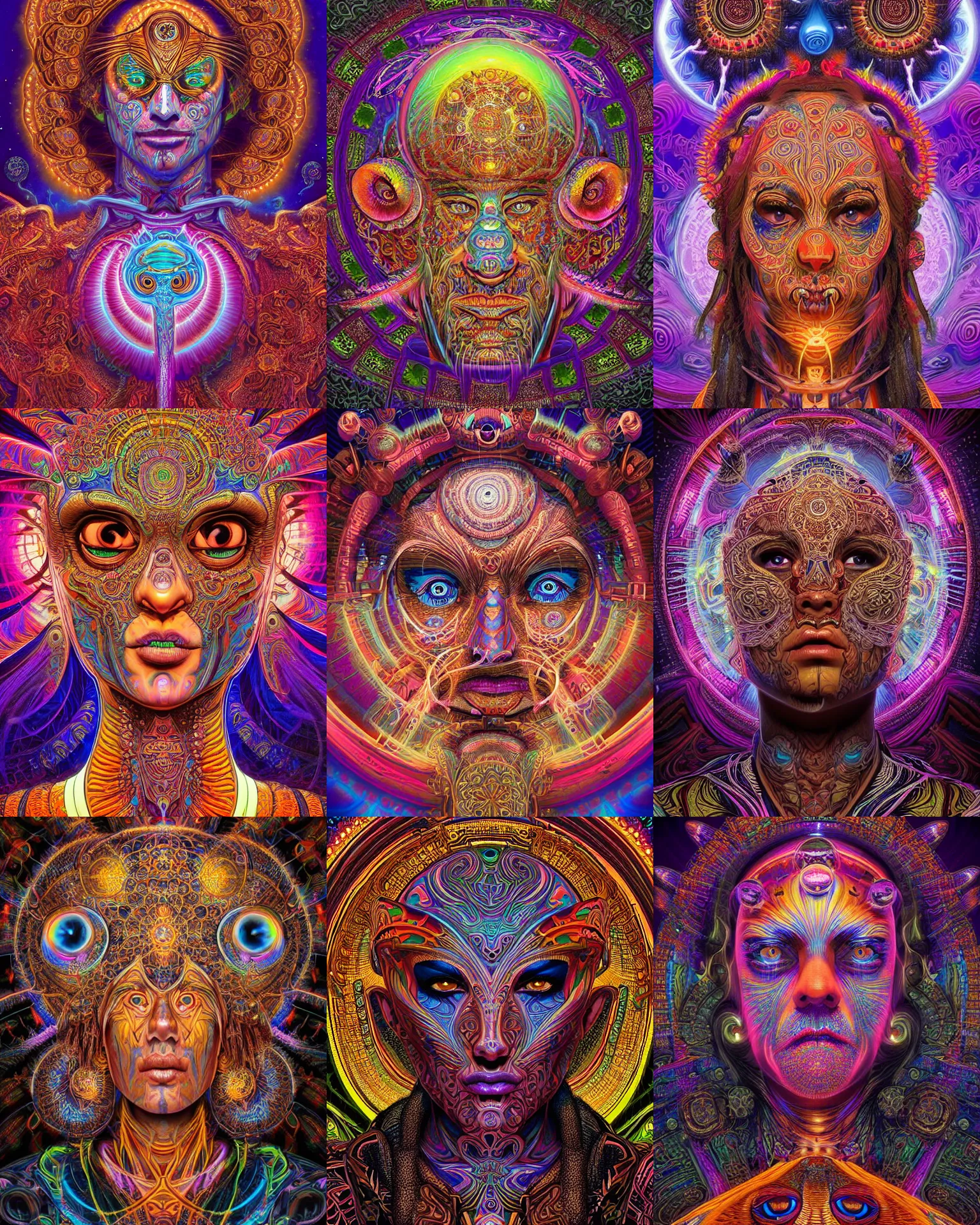 Image similar to a intricate ornate psychedelic image of a shaman with a glowing third eye, digital art by artgerm, alex grey, dan mumford, felix kelly, psychedelic art, psychedelic, fractalism, fractals, sacred geometry, trending on artstation, hyper realism, highly detailed, cgsociety, octane render, raytracing, 3 d