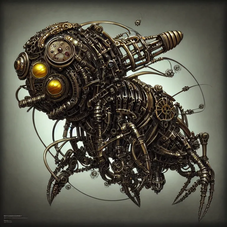 Prompt: steampunk cybernetic biomechanical bee, very coherent symmetrical artwork, 3 d model, unreal engine realistic render, 8 k, micro detail, intricate, elegant, highly detailed, centered, digital painting, artstation, smooth, sharp focus, illustration, artgerm, tomasz alen kopera, wlop