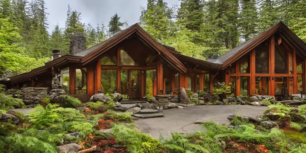 Image similar to residence in the style of rivendell, pacific northwest