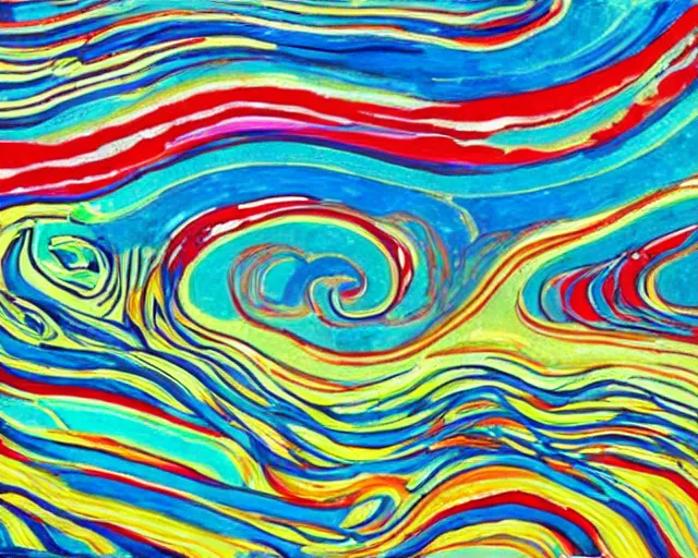 Image similar to Ocean waves in a psychedelic dream world. DMT. Curving rivers. Landscape painting by Edvard Munch. David Hockney. Takashi Murakami. Minimalist.