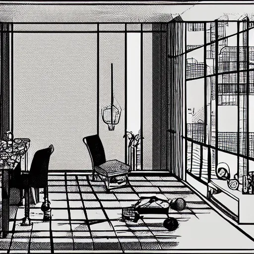 Prompt: soviet apartment interior by moebius, flat shading, cartoon illustration, trending on artstation