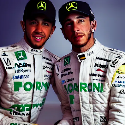 Prompt: lewis hamilton with ayrton senna, nikon photorealistic award - winning 4 k bright