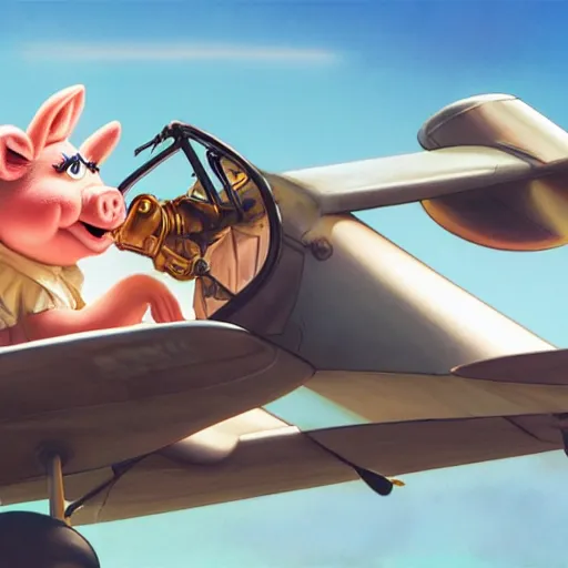 Prompt: cute miss piggy mupett pilot piloting plane, action shot, highly detailed, photorealistic, octane render, 8 k, unreal engine. art by artgerm and greg rutkowski and alphonse mucha