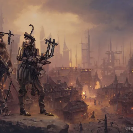 Prompt: oil painting of anthropomorphized hamster legion holding rifles, steampunk clothes, steampunk city background, sharp focus, fantasy style, octane render, volumetric lighting, 8k high definition, by greg rutkowski, highly detailed, trending on art Station, dungeons and dragons artwork, centered