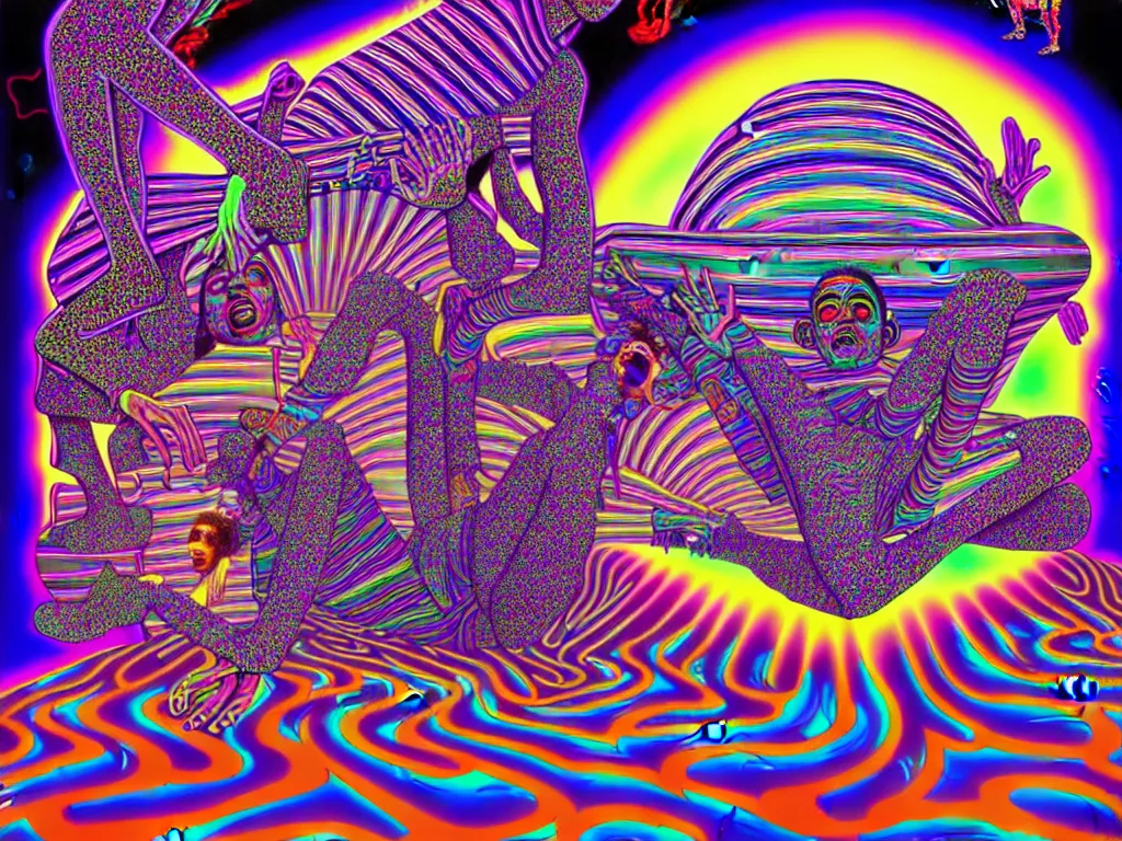 Image similar to a house party, epic angle, happy, psychedelic, hip hop, surreal, neon, vaporwave, detailed, illustrated by Alex Grey, 4k