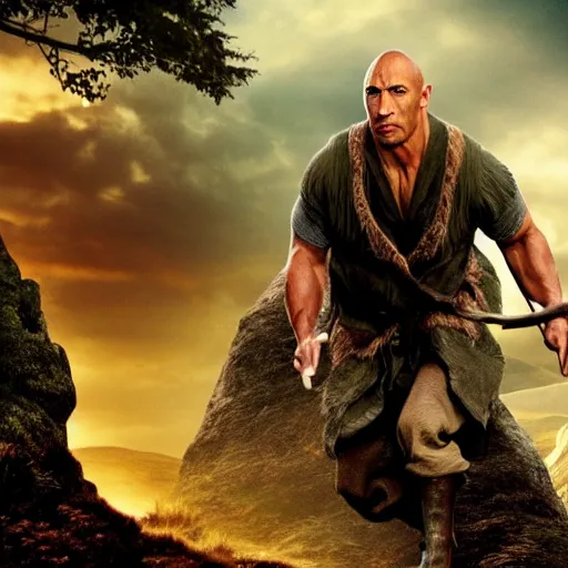 Prompt: the rock as a hobbit from lord of the rings, the rock in lotr, lord of the rings, the rock as frodo, 8k, high res, photo realistic