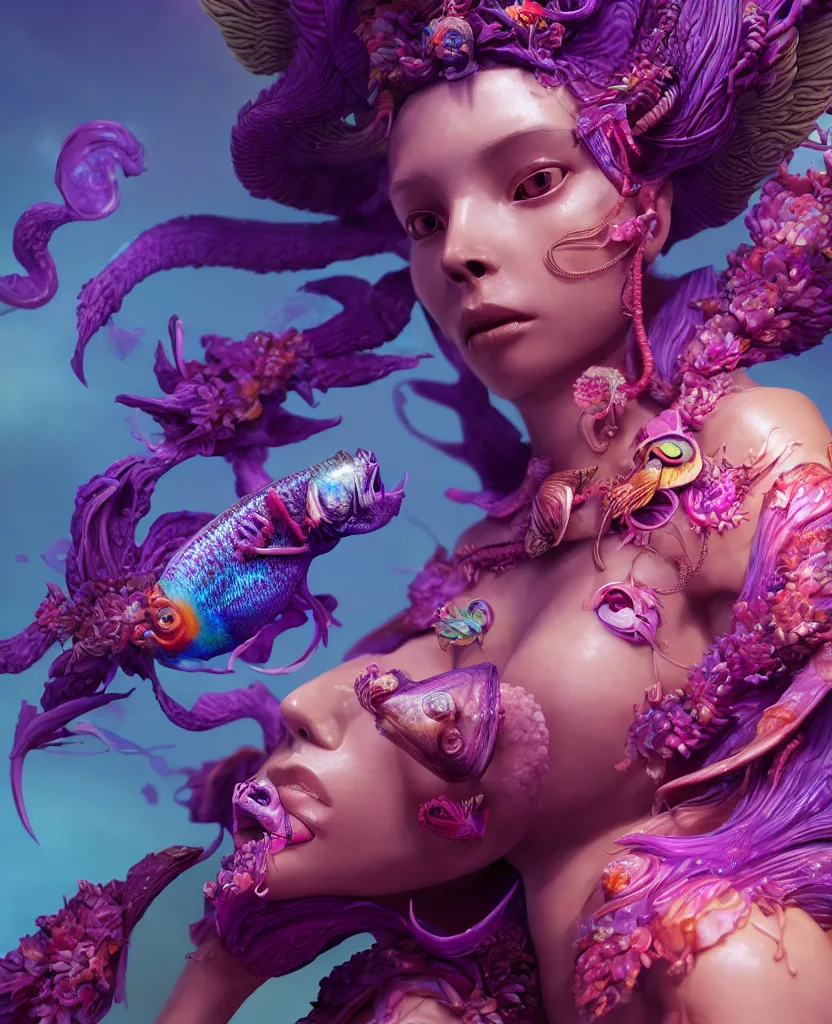 Image similar to goddess full color painted acryllic sculpture close-up portrait. orchid bird phoenix head, nautilus, skull, betta fish, bioluminiscent creatures, intricate artwork by Tooth Wu and wlop and beeple. octane render, trending on artstation, greg rutkowski very coherent symmetrical artwork. cinematic, hyper realism, high detail, octane render, 8k