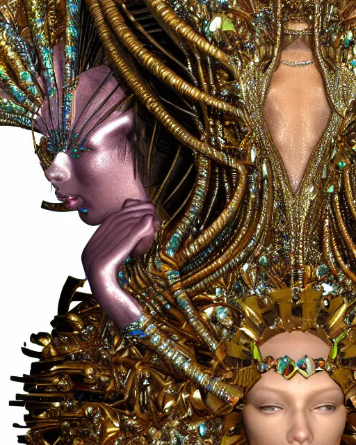 Image similar to a highly detailed metahuman 4 k close up render of an alien goddess bella hadid queen in iris van herpen dress schiaparelli in diamonds crystals swarovski and jewelry iridescent in style of alphonse mucha gustav klimt trending on artstation made in unreal engine 4