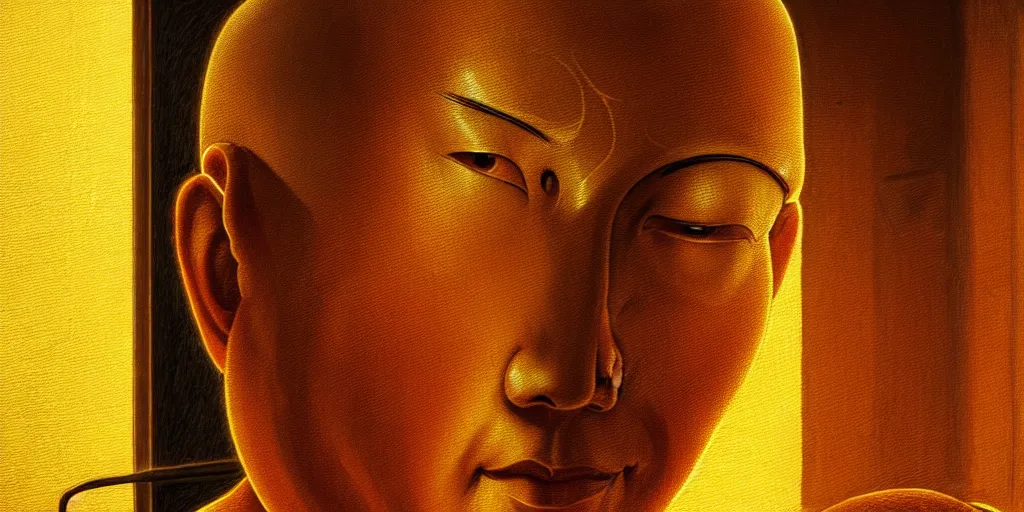 Image similar to Ultra realistic illustration, close up of a buddhist monk looking at himself in the mirror, cyberpunk, sci-fi, fantasy, intricate, elegant, highly detailed, digital painting, artstation, concept art, smooth, sharp focus, illustration art in the style of albrecht durer,