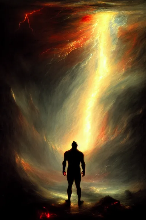 Prompt: a hulking human male silhouette in the darkness, his eyes glowing red, roiling stormclouds overhead,. atomospheric, artgerm, in the style of turner, high detail, 8 k resolution,