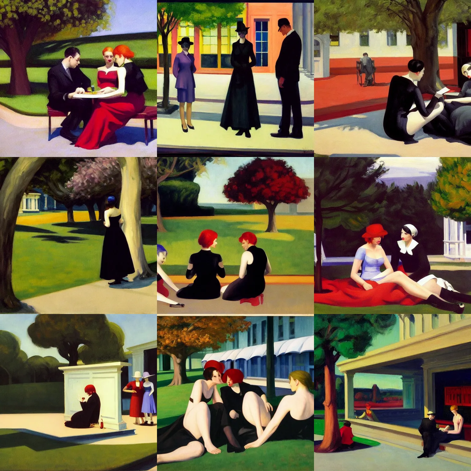 Prompt: an hd painting by edward hopper. three goths loitering in the shade, talking beneath a cherry tree outside a blockbuster video store.