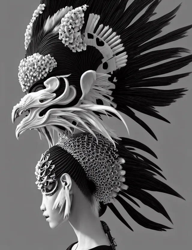 Image similar to 3 d goddess close - up profile simple portrait punk with mohawk with ram skull. beautiful intricately detailed japanese crow kitsune mask and clasical japanese kimono. betta fish, jellyfish phoenix, bio luminescent, plasma, ice, water, wind, creature, artwork by tooth wu and wlop and beeple and greg rutkowski