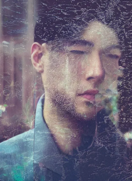 Prompt: double exposure portrait of a man looking out of a window at flowers, an album cover by hsiao - ron cheng, art photography, unsplash, aestheticism, multiple exposure, glitch art, ethereal