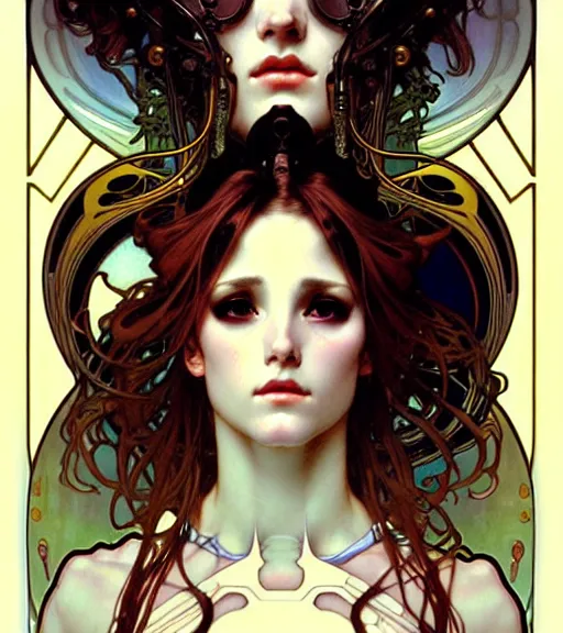 Prompt: realistic detailed profile portrait of a young beautiful alien baroque cyberpunk woman by alphonse mucha, ayami kojima, amano, greg hildebrandt, and mark brooks, female, feminine, art nouveau, rococo cyberpunk, neo - gothic, gothic, character concept design