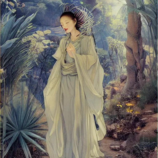 Image similar to beautiful oriental girl walks around Socotra among endemic plants and snags in a long transparent flowing dress and meets mystical animals, mystical insects, mystical birds, lizards, snakes, gorgeous, Atmosphere, hypnotic dimensions, mythology, Rococo, photorealism, in the style of Jin Kagetsu, James Jean and wlop, Valentin Serov style, Zdzislaw Beksinski style, hyperrealistic, sharp focus, intricate concept art, digital painting, ambient lighting, 4k, hdt, artstation trending on Gsociety, trending on ArtstationHQ, trending on deviantart, professionally post-processed, wide-angle action dynamic portraithyperdetailed, hyper quality, 16K