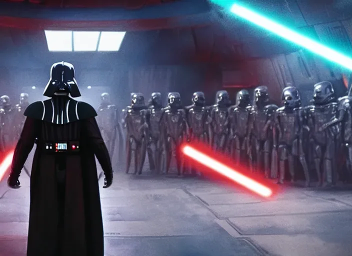 Prompt: film still of Darth Vader goes to a night club in the new Star Wars movie, 4k