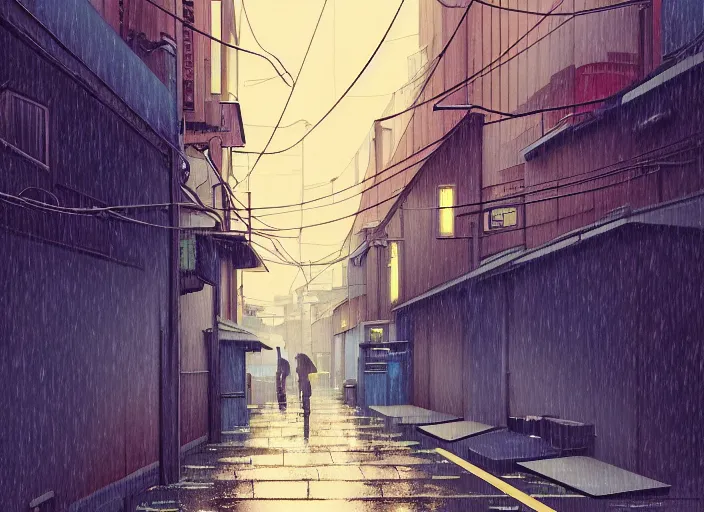 Image similar to window in foreground, tokyo alleyway, rainy day, by cory loftis, makoto shinkai, hasui kawase, james gilleard, beautiful, serene, peaceful, lonely, golden curve composition