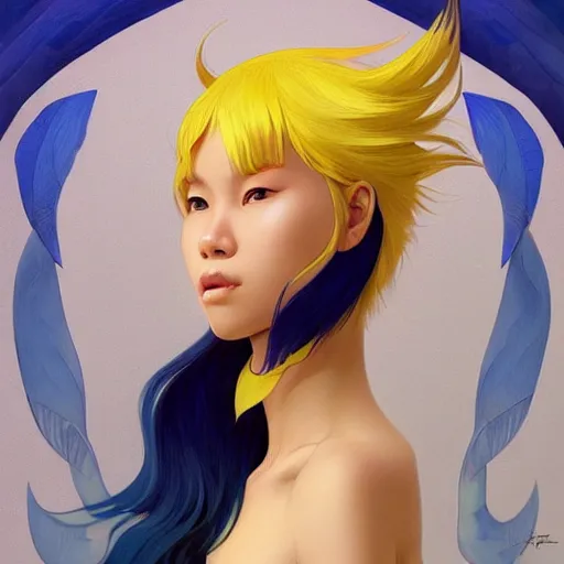 Image similar to filipino girl blue - yellow hair nasal strip, intricate, elegant, highly detailed, my rendition, digital painting, artstation, concept art, smooth, sharp focus, illustration, art by artgerm and greg rutkowski and alphonse mucha and uang guangjian and gil elvgren and sachin teng, symmetry!!