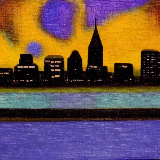 Image similar to louisville ky skyline at night reflecting of the river, in the style of van goghs painting starry night