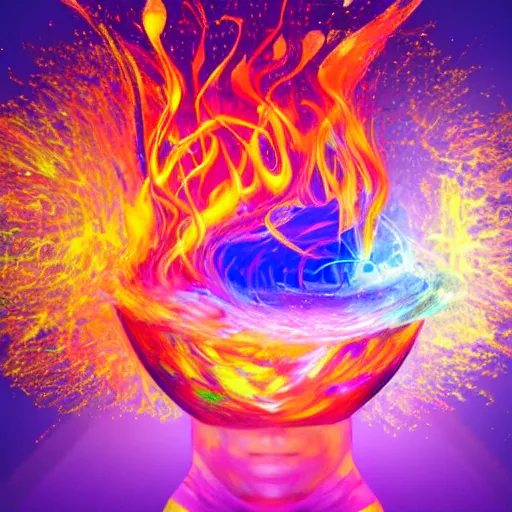 Image similar to what's inside my head when listening to good music, glowing, fire, gold, paint 3D splashes