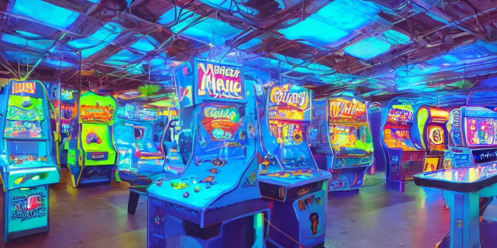 Prompt: 1980s Arcade, magical, blue mist, fluorescent lighting, mystical, hyper realistic, 4k, 8k, photograph