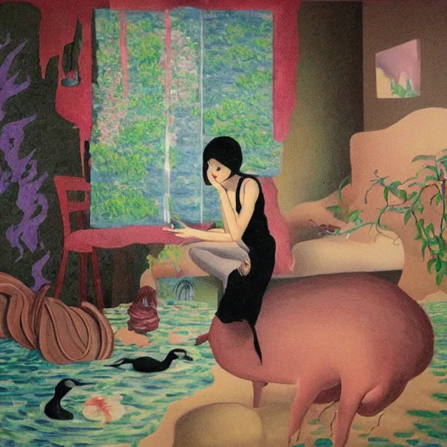 Image similar to female emo art student, painting of flood waters inside an artist's feminine bedroom, a river flooding indoors, pomegranates, pigs, ikebana, water, octopus, river, rapids, waterfall, black swans, canoe, berries, acrylic on canvas, surrealist, by magritte and monet