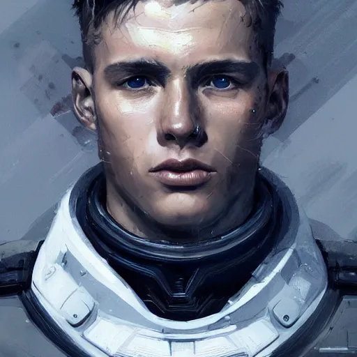 Prompt: Portrait of a man by Greg Rutkowski, he is about 20 years old, norwegian, short blond hair, young, manly, attractive, strong, older brother vibes, he is wearing futuristic military fatigues, highly detailed portrait, scifi, digital painting, artstation, concept art, smooth, sharp foccus ilustration, Artstation HQ