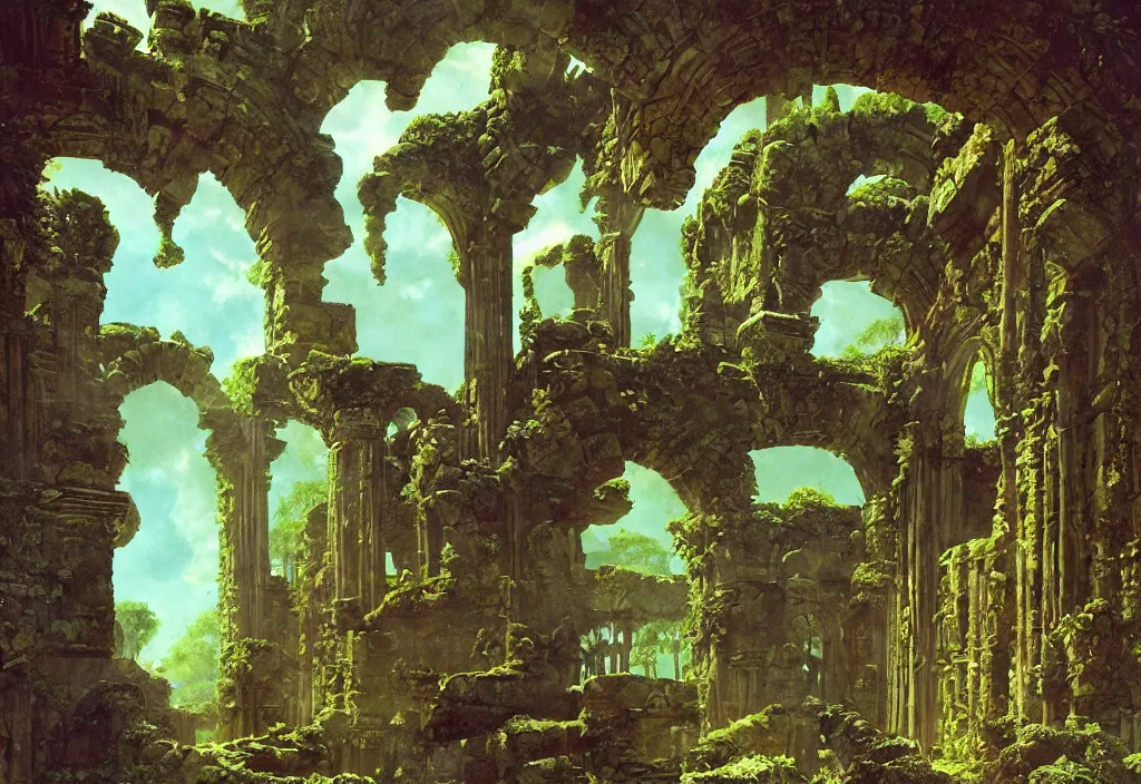 Image similar to a tropical alien world, ancient ruins, by roger dean, good lighting, david a. hardy, syd dutton, albert bierstadt