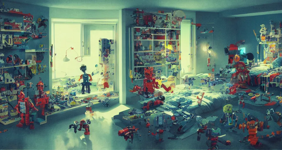 Prompt: IKEA catalogue photo, cyberpunk childrens bedroom, toys, lego, robots, drawings by Beksiński