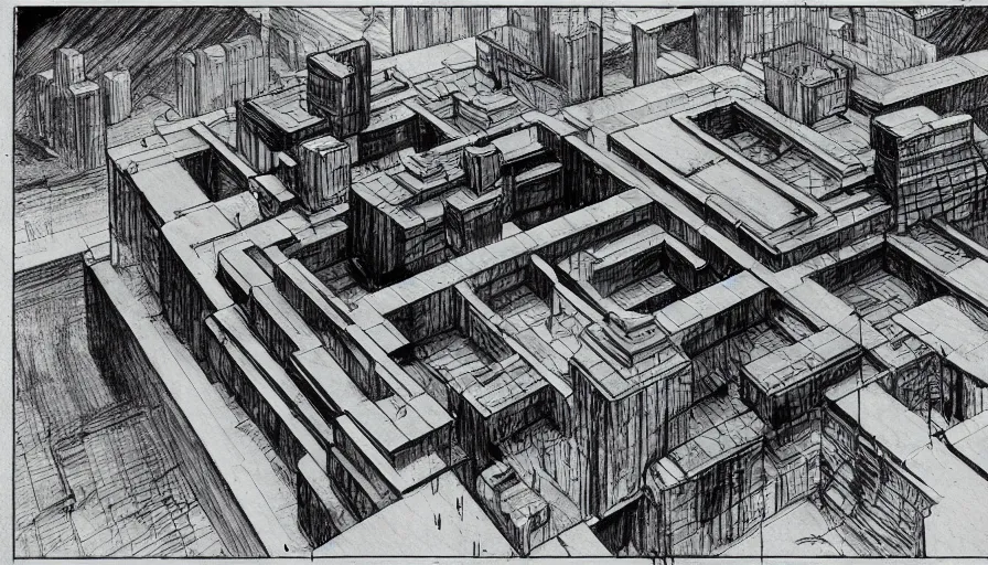 Image similar to big brutalist villain base, drawing architecture, very long shot, top angle