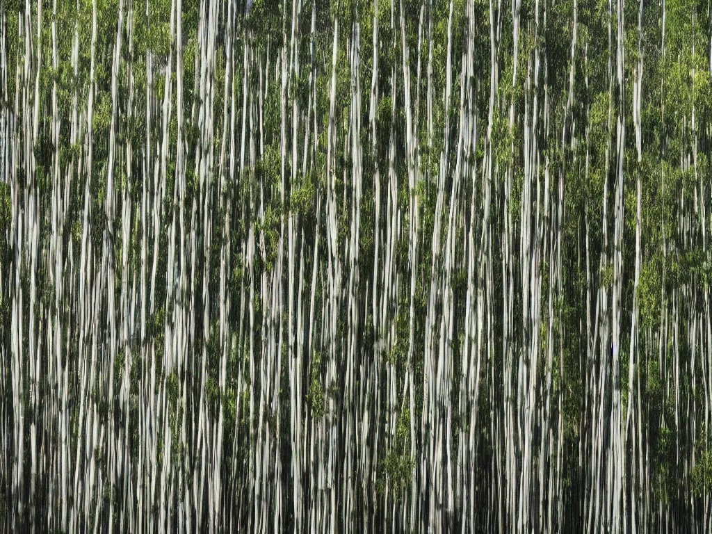 Prompt: long exposure photograph of eucalyptus trees, strong wind, by gursky, sony ar 7 ii,