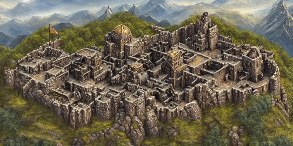 Prompt: aerial view of a dwarven fortress at the edge of a mountain range, as a matte oil painting, photorealistic, landscape, medieval fantasy, epic, smelters, forges, waterwheels, chiseled architecture, ornate, intricate, trading depots, extremely detailed, sharp focus