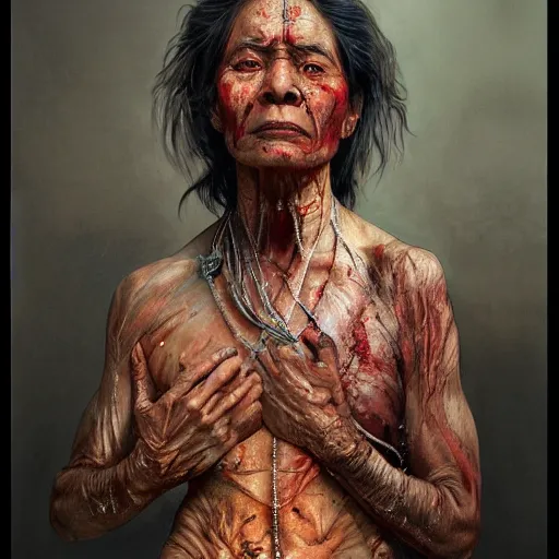 Prompt: portrait painting of a muscular bloodied indian old woman lower back, ultra realistic, concept art, intricate details, eerie, highly detailed, photorealistic, octane render, 8 k, unreal engine. art by artgerm and greg rutkowski and alphonse mucha