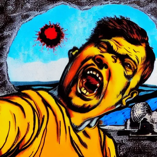 Image similar to selfie, radiation eats a funny ugly ukrainian alive wild pain and despair, painted in dirty yellow - blue colors against the backdrop of a huge nuclear explosion