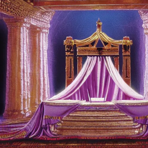 Image similar to cinematic still of the ark of the covenant, background is curtain of blue, purple and scarlet yarn and finely twisted linen with cherubim woven, Biblical epic movie directed by Steven Spielberg