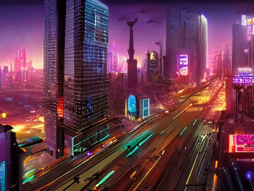 Image similar to a cinematic busy cyberpunk street in a mega city packed with flying vehicles, large mega corp buildings dominate the skyline at dusk by nick hiatt, unreal engine trending on artstation