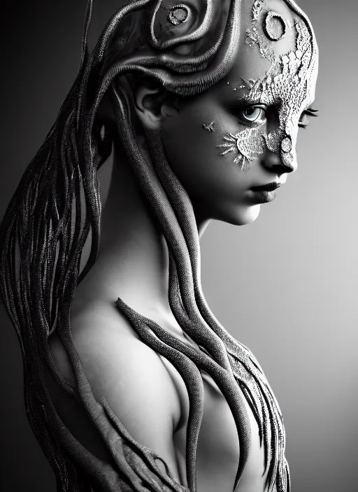 Prompt: surreal mythical dreamy dark artistic black and white fine art photo of a beautiful young female medusa - mermaid - cyborg covered with translucent algae, highly detailed, intricate crystal ivy jelly fish scales ornate, lace web, poetic, octane render, 8 k, photo - realistic, by man ray