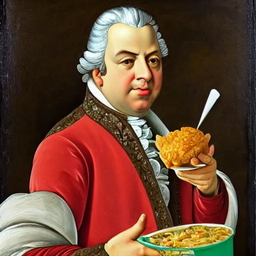 Prompt: oil painting of Louis XVI eating a bucket of KFC, oil on canevas, in the style of Botticelli